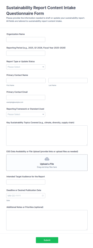 Sustainability Report Content Intake Questionnaire Form Template
