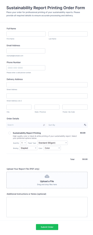 Sustainability Report Printing Order Form Template