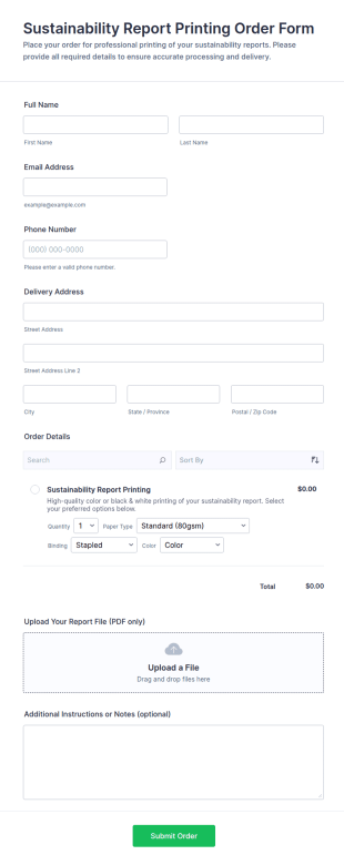 Sustainability Report Printing Order Form Template