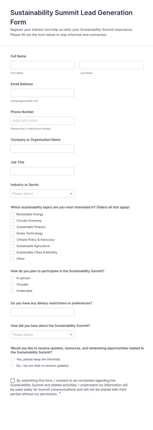 Sustainability Summit Lead Generation Form Template
