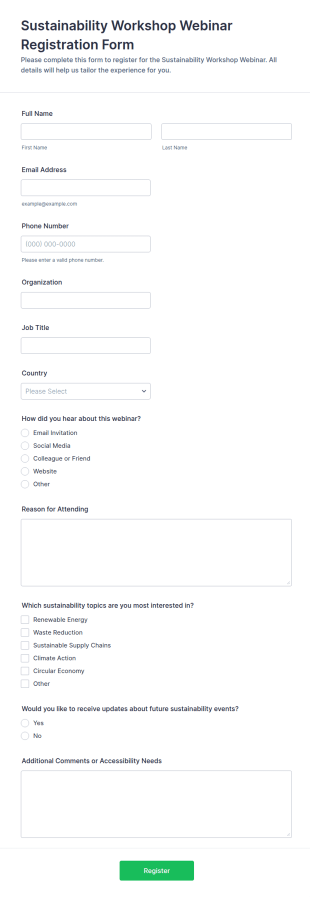Sustainability Workshop Webinar Registration Form Template