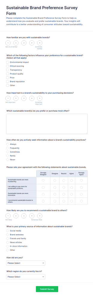 Sustainable Brand Preference Survey Form Template