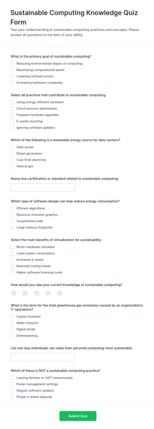 Sustainable Computing Knowledge Quiz Form Template