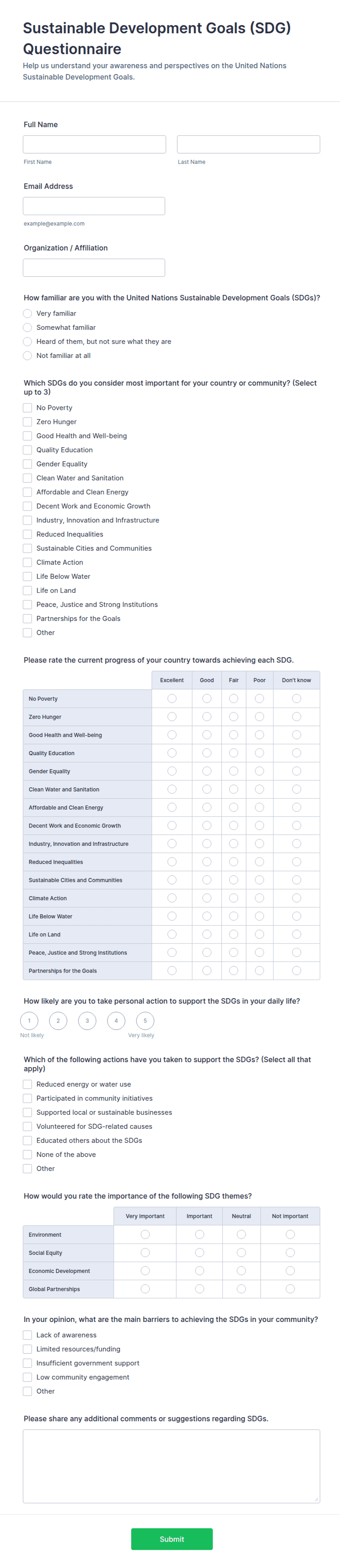 Sustainable Development Goals (SDG) Questionnaire Form Template | Jotform