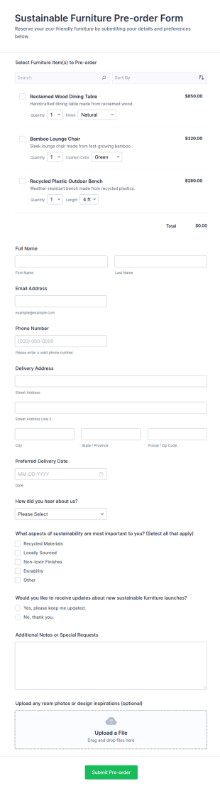 Sustainable Furniture Pre Order Form Template