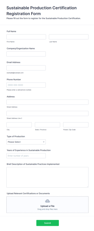 Sustainable Production Certification Registration Form Form Template