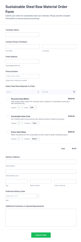 Sustainable Steel Raw Material Order Form Template