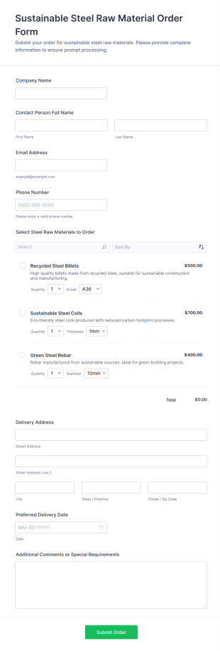 Sustainable Steel Raw Material Order Form Template