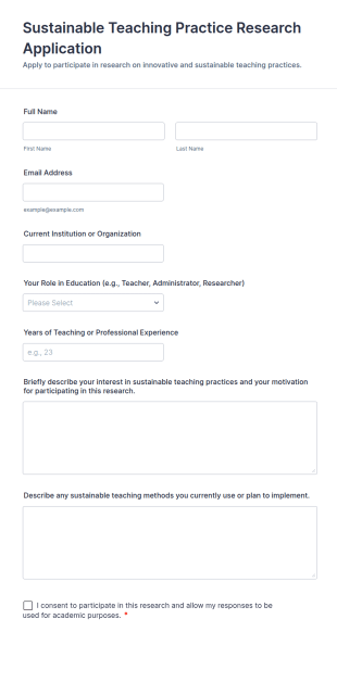 Sustainable Teaching Practice Research Application Form Template