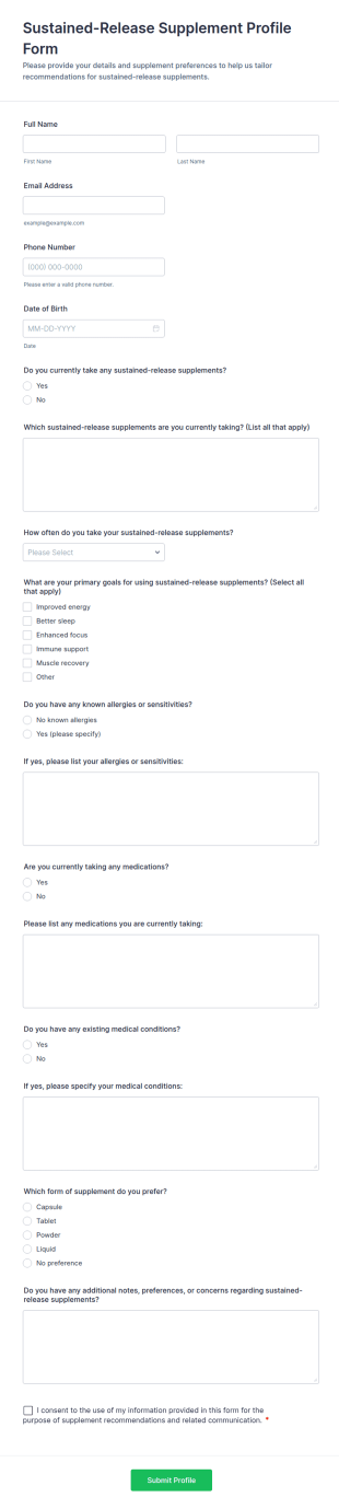 Sustained Release Supplement Profile Form Template