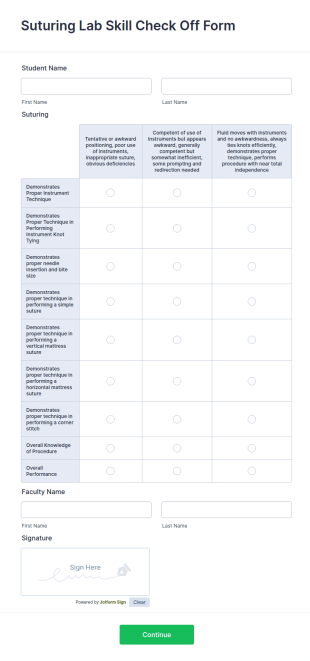Suturing Lab Skill Check Off Form Template