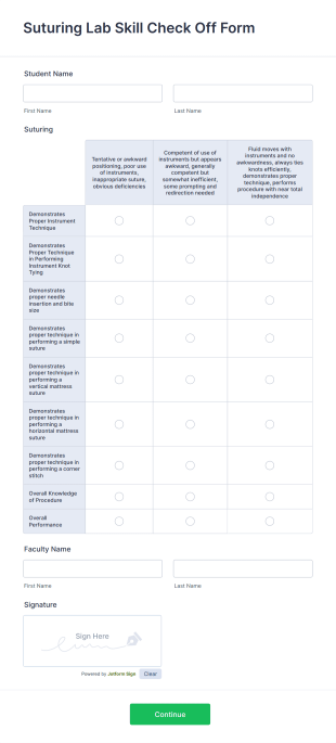 Suturing Lab Skill Check Off Form Template