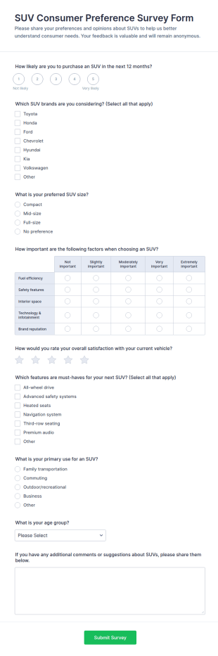SUV Consumer Preference Survey Form Template