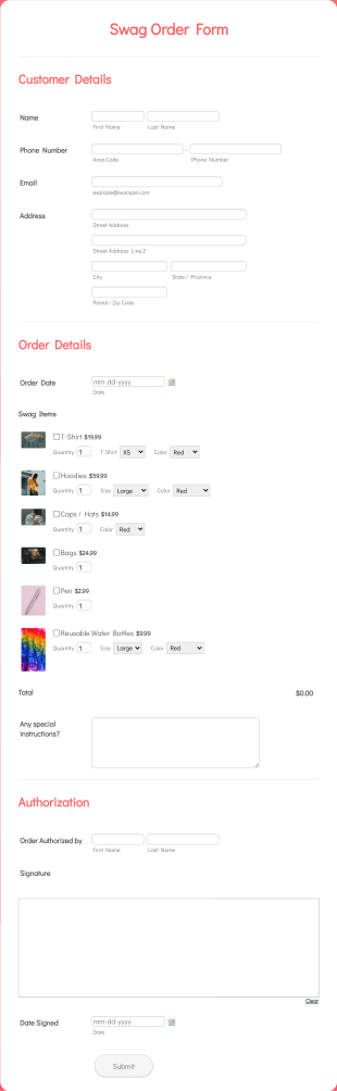 Swag Order Form Template