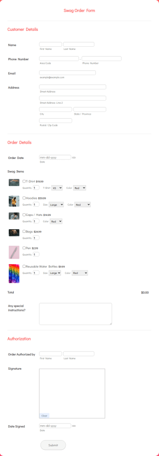 Swag Order Form Template