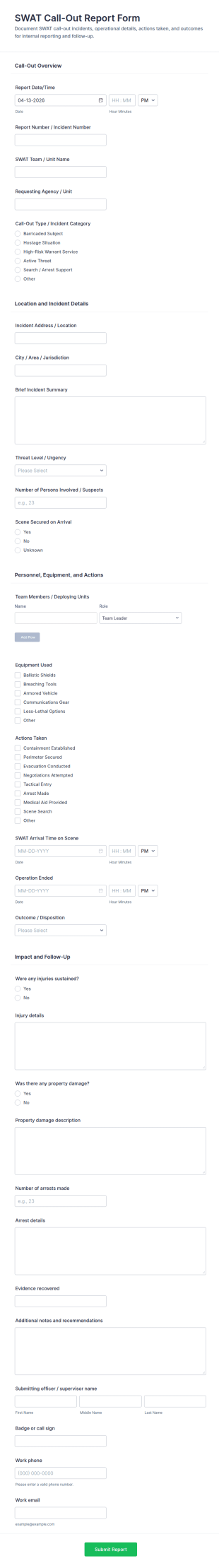 SWAT Call Out Report Form Template