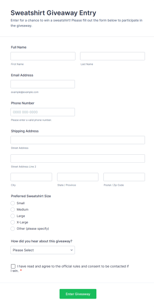 Sweatshirt Giveaway Entry Form Template
