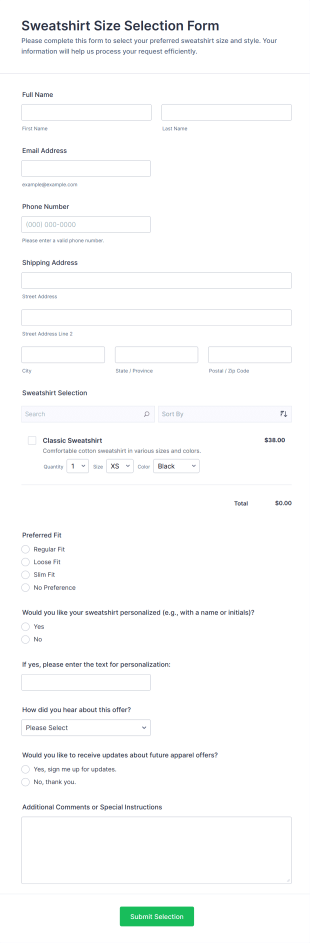 Sweatshirt Size Selection Form Template