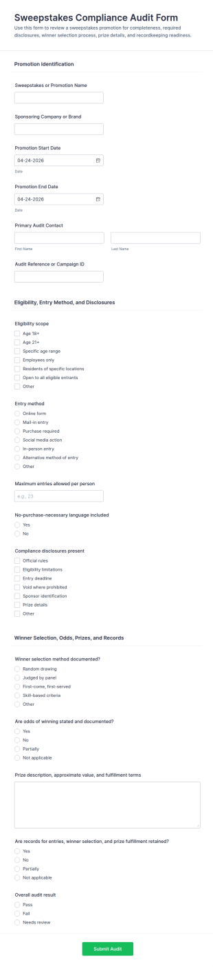Sweepstakes Compliance Audit Form Template