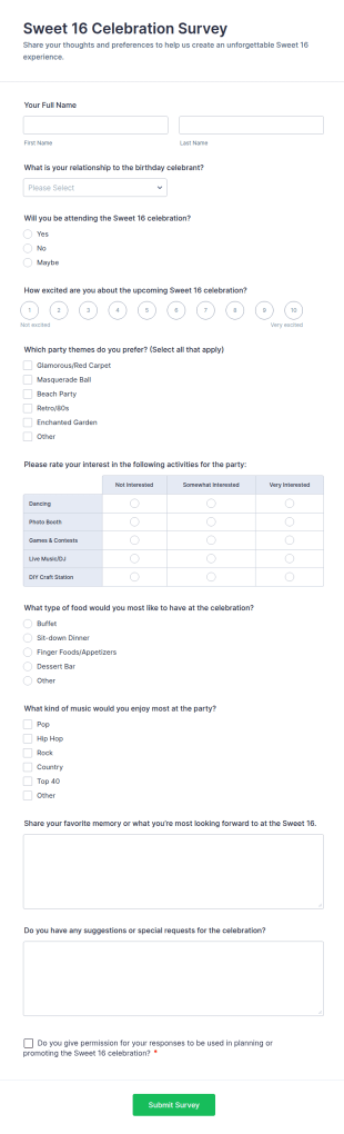 Sweet 16 Celebration Survey Form Template
