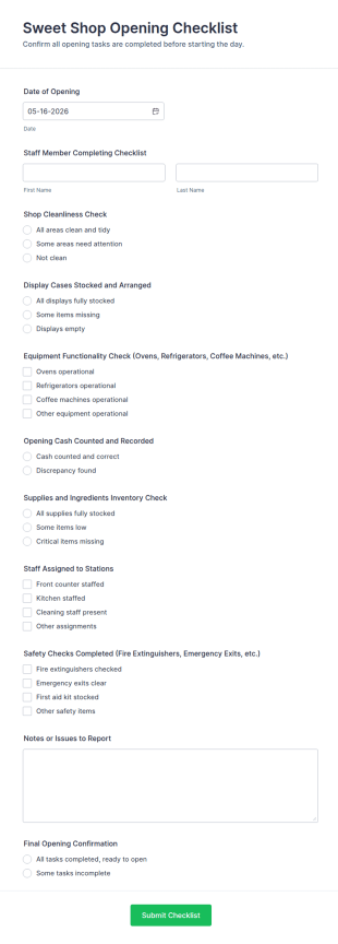 Sweet Shop Opening Checklist Form Template