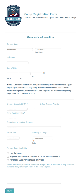 Swim Camp Registration Form Template