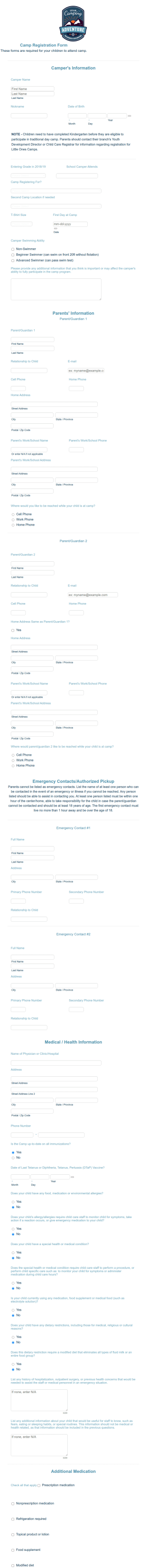 Swim Camp Registration Form Template