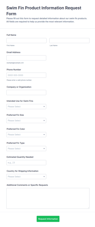 Swim Fin Product Information Request Form Template