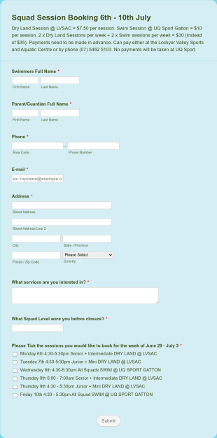 Swim Fit Squad Session Booking Form Template