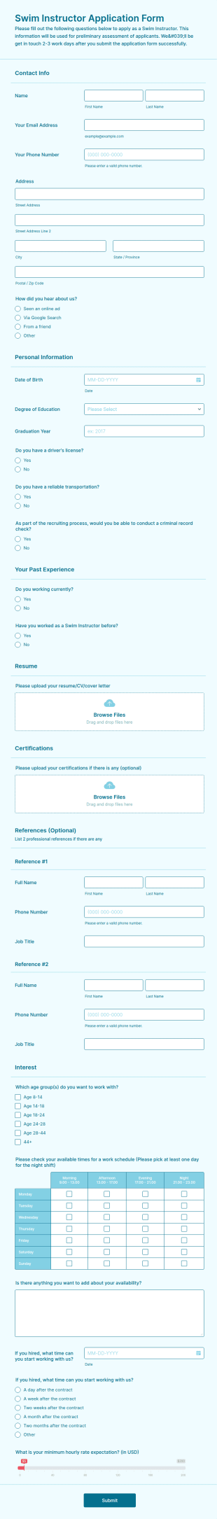 Swim Instructor Application Form Template
