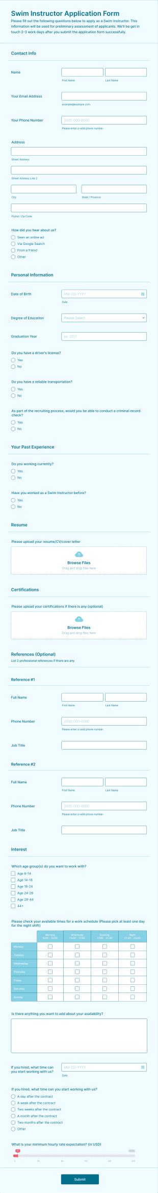 Swim Instructor Application Form Template