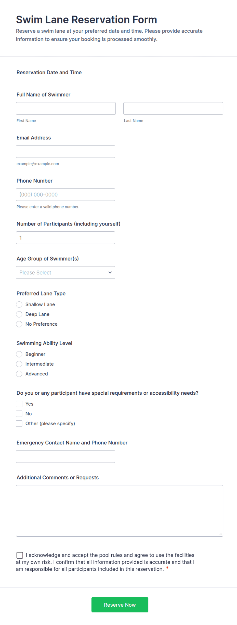 Swim Lane Reservation Form Template | Jotform