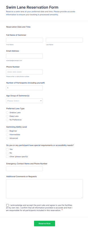Swim Lane Reservation Form Template