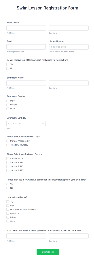 Swim Lesson Registration Form Template