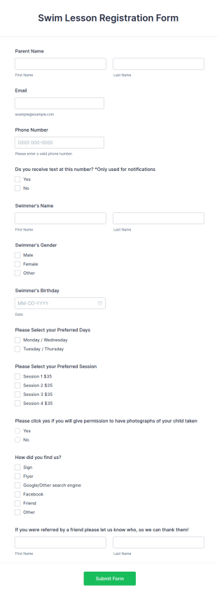 Swim Lesson Registration Form Template