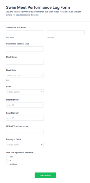 Swim Meet Performance Log Form Template
