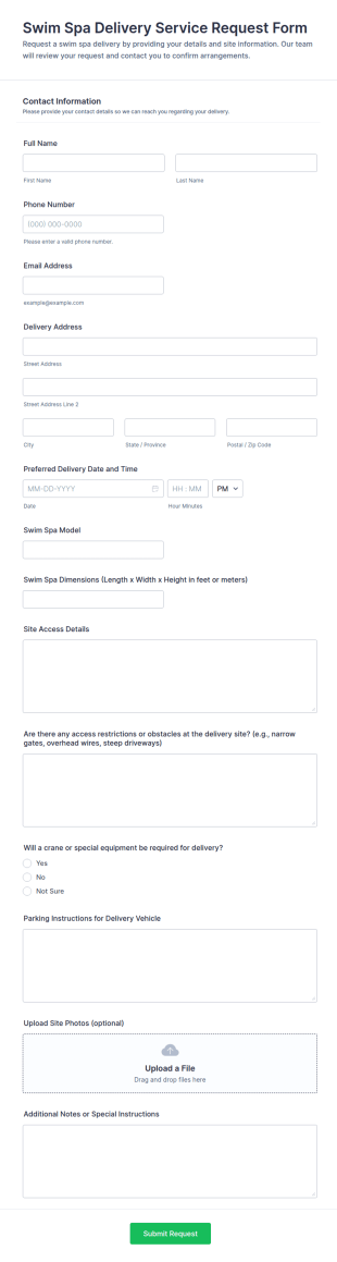 Swim Spa Delivery Service Request Form Template
