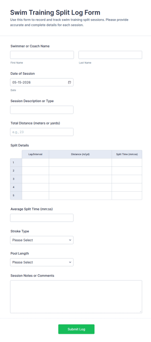 Swim Training Split Log Form Template