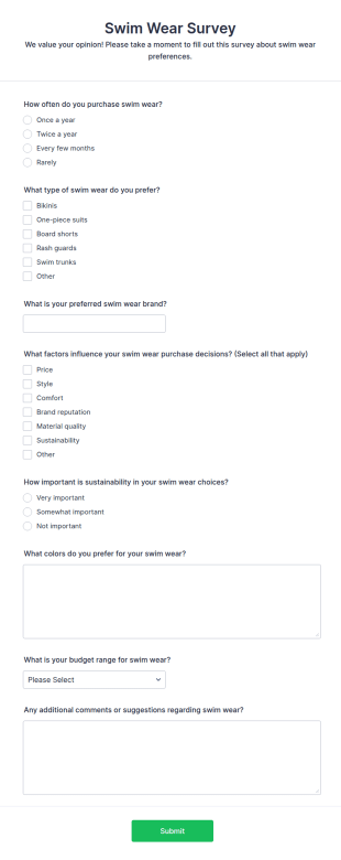 Swim Wear Survey Form Template