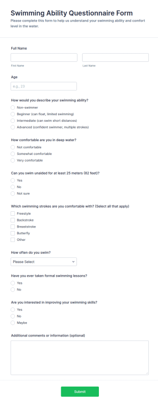 Swimming Ability Questionnaire Form Template