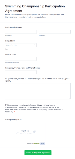Swimming Championship Participation Agreement Form Template