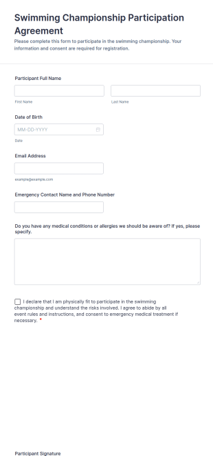 Swimming Championship Participation Agreement Form Template