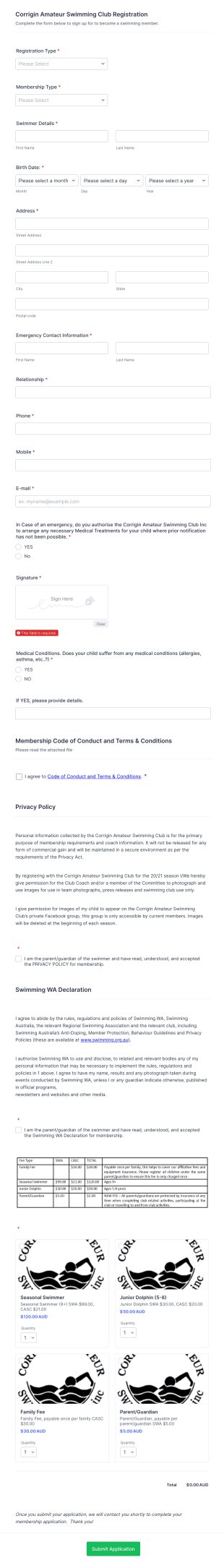 Swimming Club Registration Form Template
