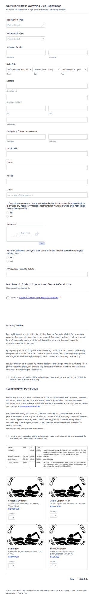 Swimming Club Registration Form Template