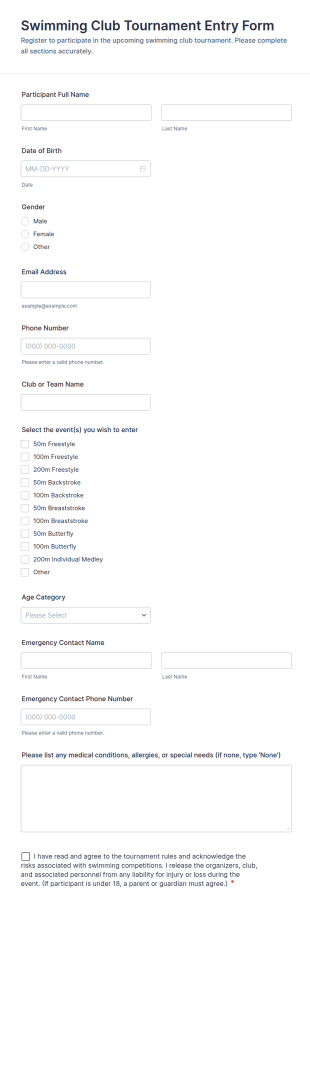 Swimming Club Tournament Entry Form Template