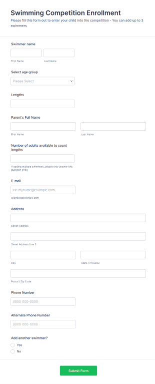 Swimming Competition Enrollment Form Template