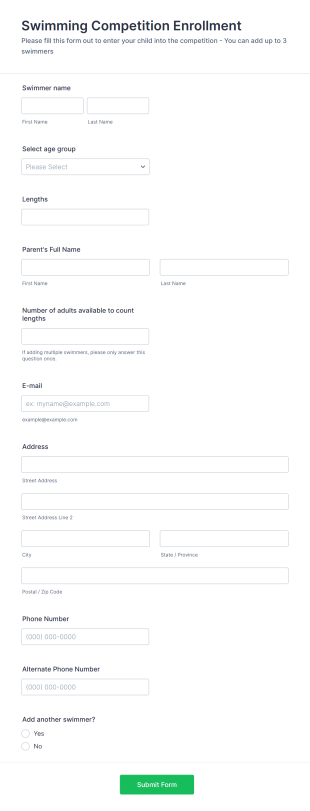 Swimming Competition Enrollment Form Template