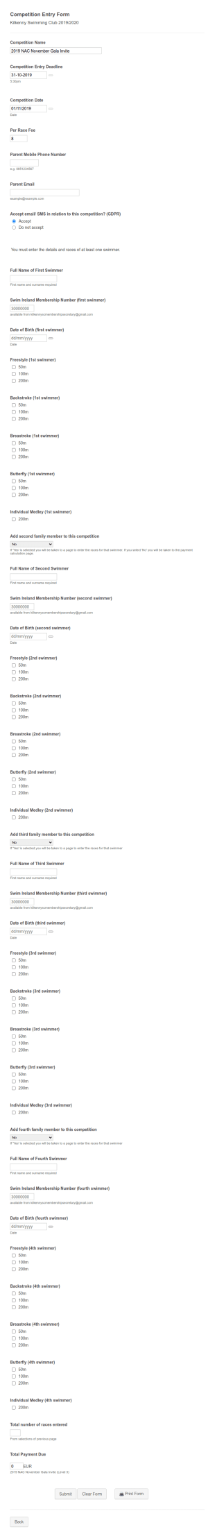 Swimming Competition Entry Form Template