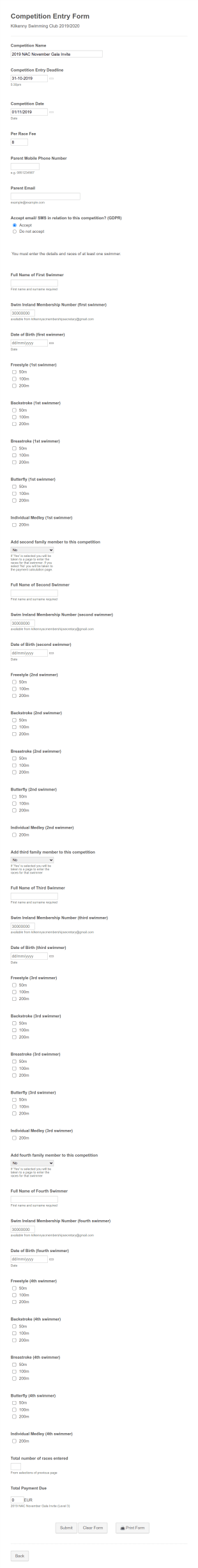 Swimming Competition Entry Form Template