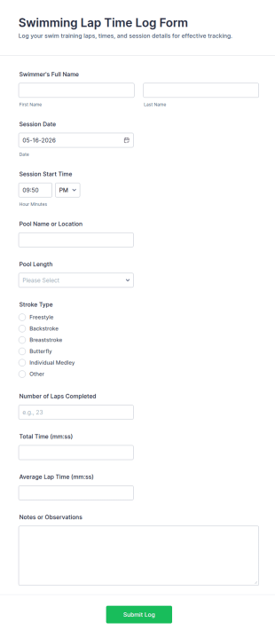 Swimming Lap Time Log Form Template